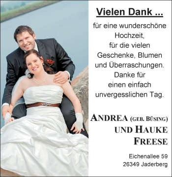 Hochzeitsanzeige von Andrea Freese von Nordwest-Zeitung