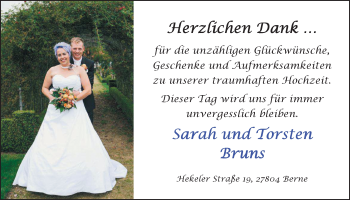 Hochzeitsanzeige von Sarah Bruns von Nordwest-Zeitung