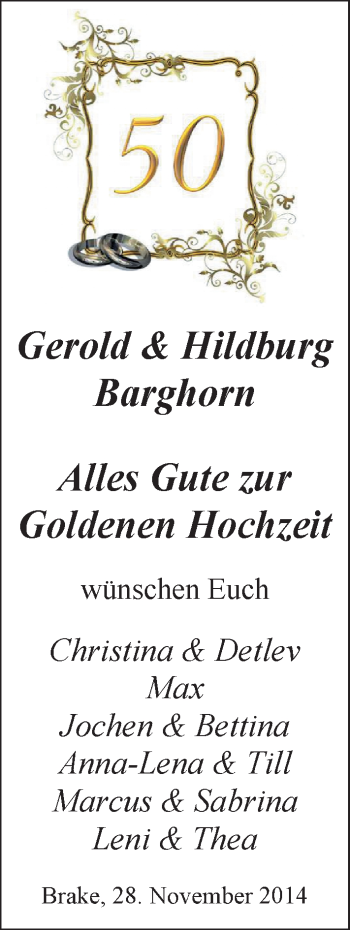 Hochzeitsanzeige von Hildburg Barghorn von Nordwest-Zeitung