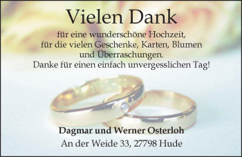 Hochzeitsanzeige von Dagmar Osterloh von Nordwest-Zeitung