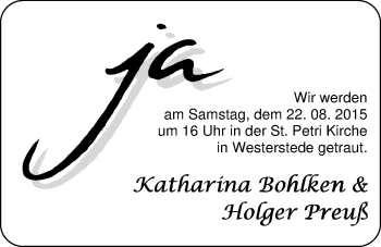 Hochzeitsanzeige von Katharina Bohlken von Nordwest-Zeitung