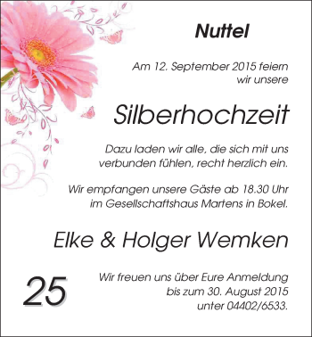 Hochzeitsanzeige von Elke Wemken von Nordwest-Zeitung