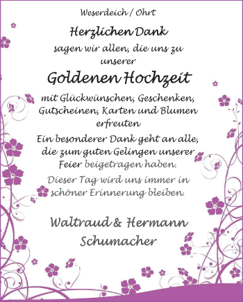 Hochzeitsanzeige von Waltraud Schumacher von Nordwest-Zeitung