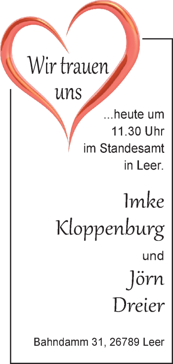 Hochzeitsanzeige von Imke Kloppenburg von Nordwest-Zeitung
