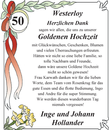 Hochzeitsanzeige von Hollander Inge von Nordwest-Zeitung