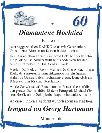 Hochzeitsanzeige von Irmgard Hartmann von Nordwest-Zeitung