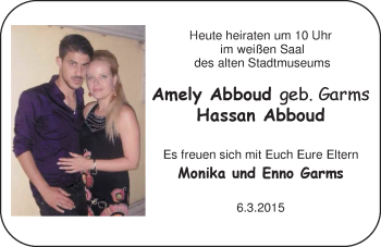 Hochzeitsanzeige von Amely Abboud von Nordwest-Zeitung