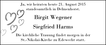 Hochzeitsanzeige von Birgit Harms von Nordwest-Zeitung