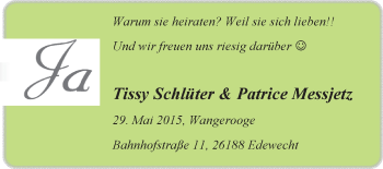 Hochzeitsanzeige von Tissy Schlüter von Nordwest-Zeitung