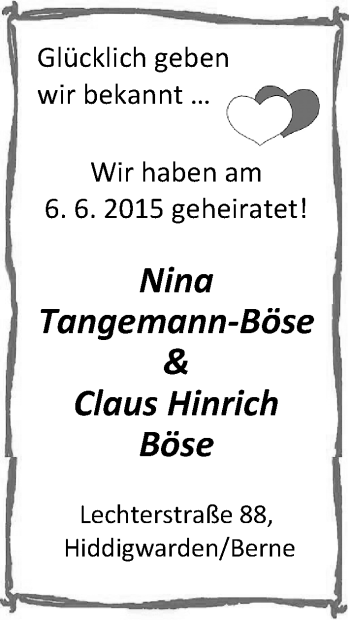 Hochzeitsanzeige von Nina Tangemann-Böse von Nordwest-Zeitung