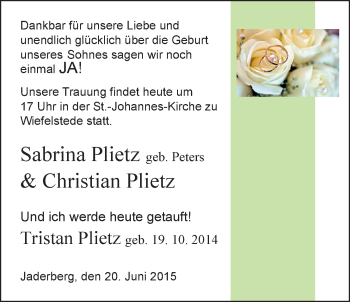 Hochzeitsanzeige von Sabrina Plietz von Nordwest-Zeitung