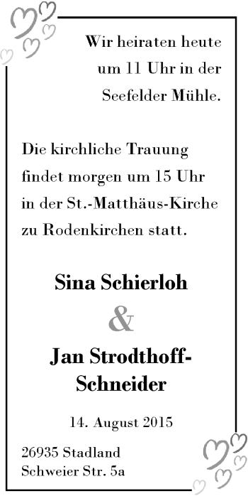 Hochzeitsanzeige von Sina Strodthoff-Schneider von Nordwest-Zeitung