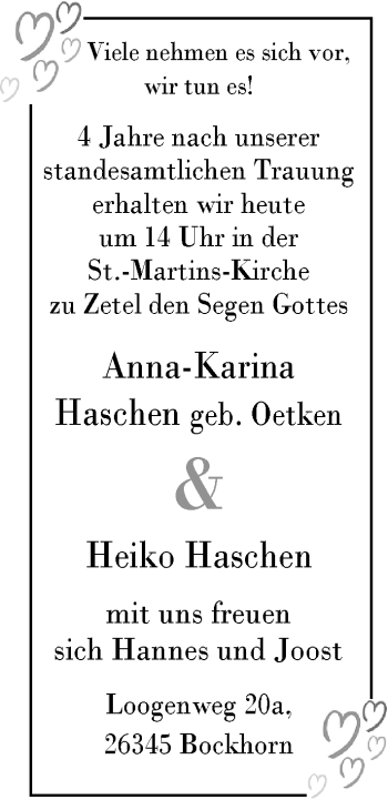 Hochzeitsanzeige von Anna-Karina Haschen von Nordwest-Zeitung