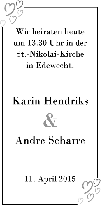 Hochzeitsanzeige von Karin Hendriks von Nordwest-Zeitung