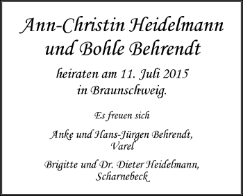 Hochzeitsanzeige von Ann-Christin Behrendt von Nordwest-Zeitung