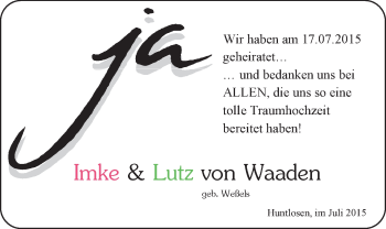 Hochzeitsanzeige von Imke von Waaden von Nordwest-Zeitung