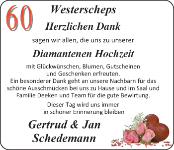 Hochzeitsanzeige von Gertrud Schedemann von Nordwest-Zeitung