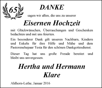 Hochzeitsanzeige von Hertha Klare von Nordwest-Zeitung