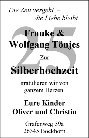 Hochzeitsanzeige von Frauke Tönjes von Nordwest-Zeitung