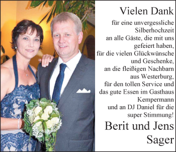 Hochzeitsanzeige von Berit Sager von Nordwest-Zeitung