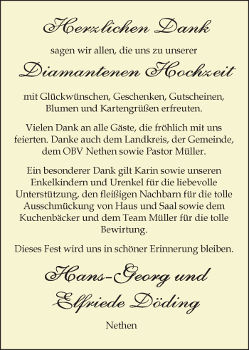 Hochzeitsanzeige von Elfriede Döding von Nordwest-Zeitung