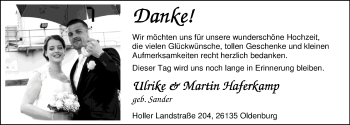 Hochzeitsanzeige von Ulrike Haferkamp von Nordwest-Zeitung