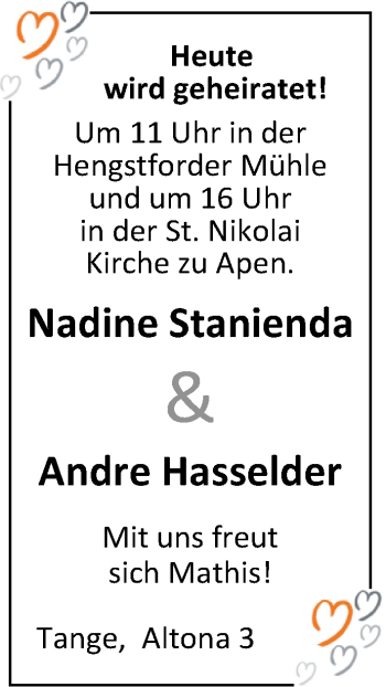 Hochzeitsanzeige von Nadine Hasselder von Nordwest-Zeitung
