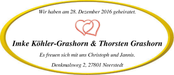 Hochzeitsanzeige von Imke Köhler-Grashorn von Nordwest-Zeitung