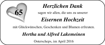 Hochzeitsanzeige von Hertha Lakemeinen von Nordwest-Zeitung
