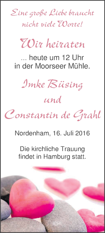 Hochzeitsanzeige von Imke Büsing von Nordwest-Zeitung