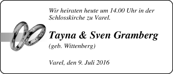 Hochzeitsanzeige von Tayna Gramberg von Nordwest-Zeitung