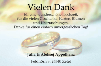 Hochzeitsanzeige von Julia Appelhanz von Nordwest-Zeitung