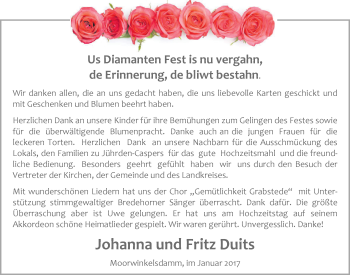 Hochzeitsanzeige von Johanna Duits von Nordwest-Zeitung