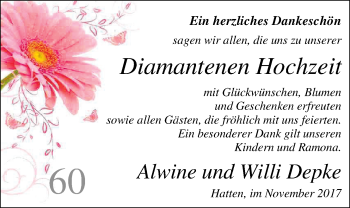 Hochzeitsanzeige von Alwine Depke von Nordwest-Zeitung