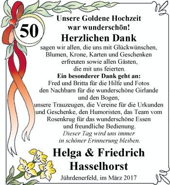 Hochzeitsanzeige von Helga Hasselhorst von Nordwest-Zeitung