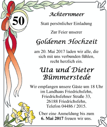 Hochzeitsanzeige von Uta Bümmerstede von Nordwest-Zeitung