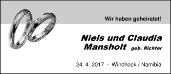 Hochzeitsanzeige von Niels Mansholt von Nordwest-Zeitung