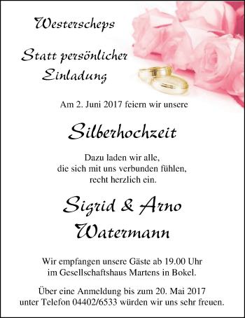 Hochzeitsanzeige von Sigrid Watermann von Nordwest-Zeitung