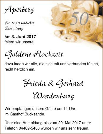 Hochzeitsanzeige von Frieda Wardenburg von Nordwest-Zeitung