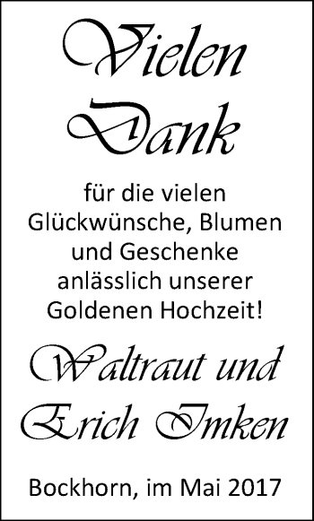 Hochzeitsanzeige von Waltraut Imken von Nordwest-Zeitung