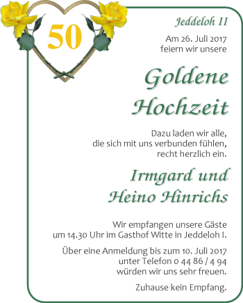 Hochzeitsanzeige von Irmgard Hinrichs von Nordwest-Zeitung