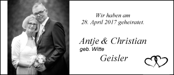 Hochzeitsanzeige von Antje Geisler von Nordwest-Zeitung