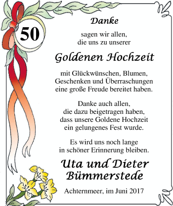 Hochzeitsanzeige von Uta Bümmerstede von Nordwest-Zeitung