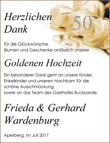 Hochzeitsanzeige von Frieda Wardenburg von Nordwest-Zeitung