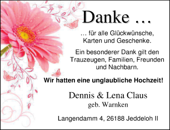 Hochzeitsanzeige von Lena Claus von Nordwest-Zeitung