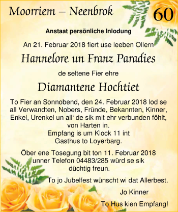 Hochzeitsanzeige von Hannelore Paradies von Nordwest-Zeitung