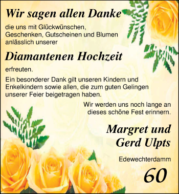 Hochzeitsanzeige von Margret Ulpts von Nordwest-Zeitung