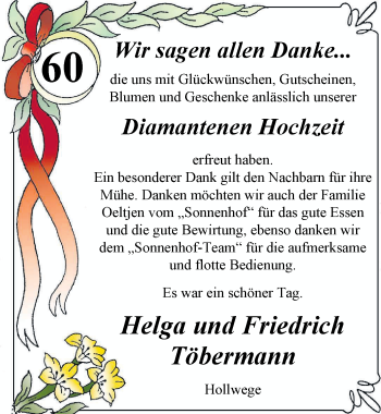Hochzeitsanzeige von Helga Töbermann von Nordwest-Zeitung