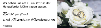 Hochzeitsanzeige von Beate Blendermann von Nordwest-Zeitung