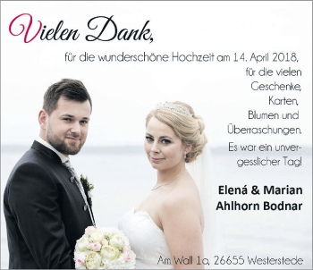 Hochzeitsanzeige von Elená Ahlhorn Bodnar von Nordwest-Zeitung